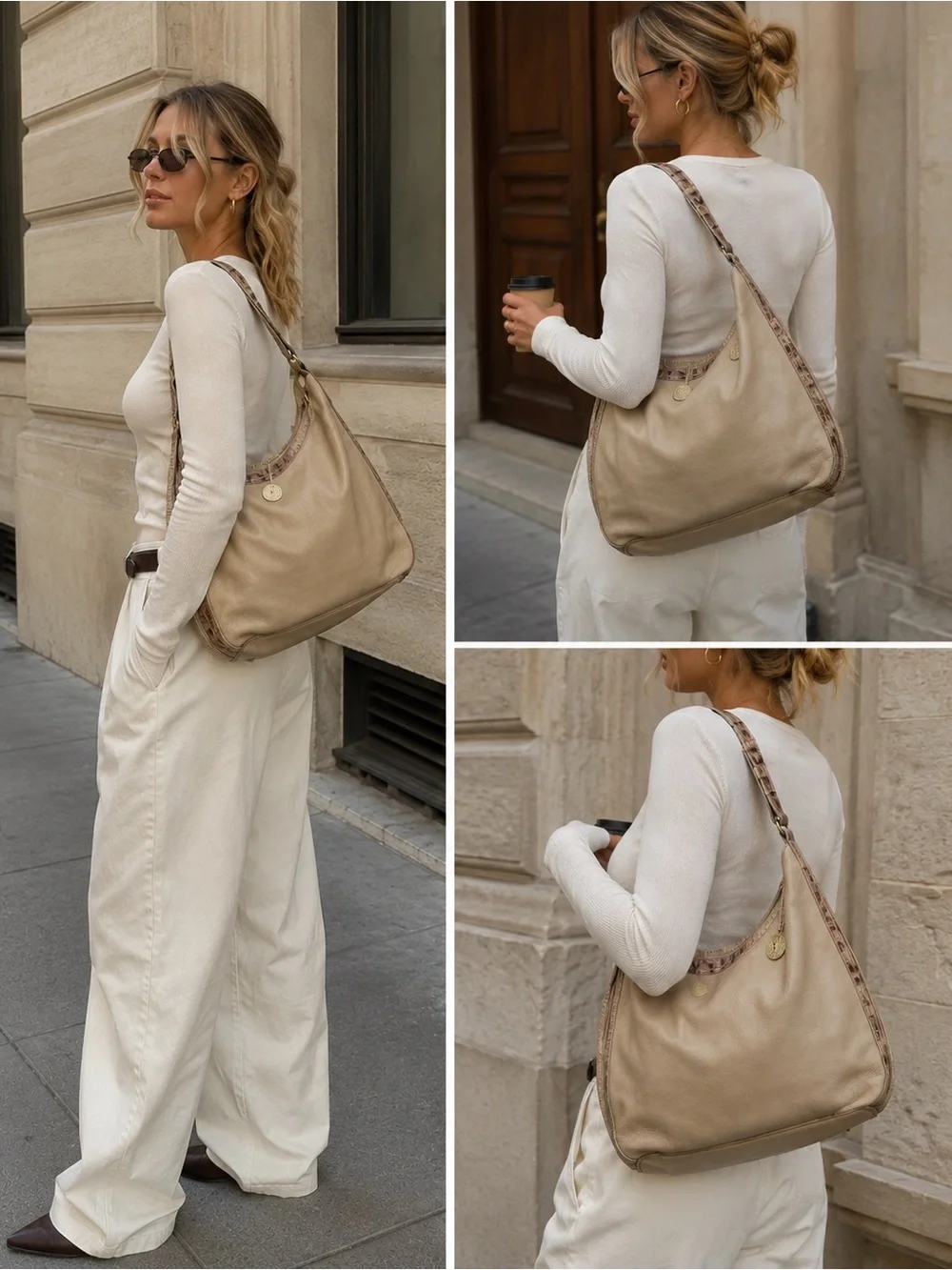 Vintage Brahmin Beige Leather Hobo Shoulder Bag Croc Trim Quiet Luxury